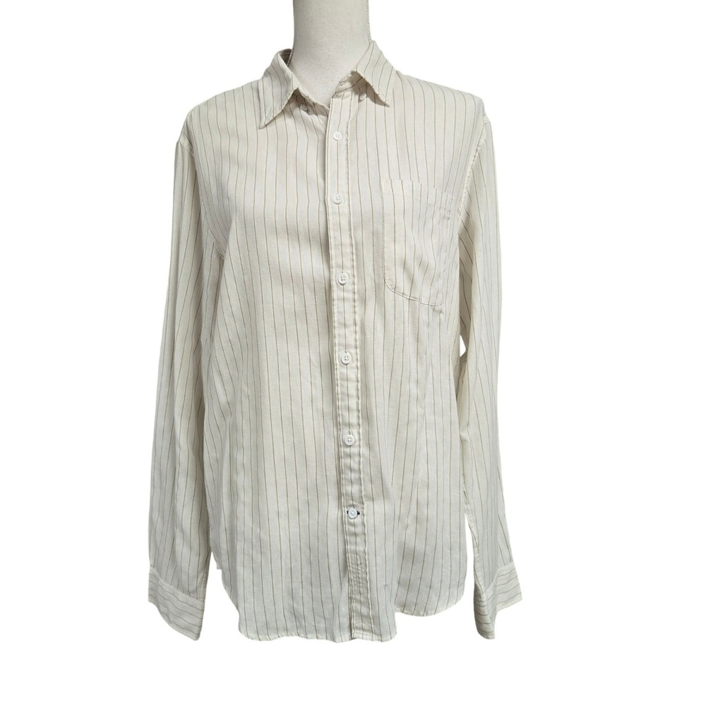 Club Monaco Slim Fit Linen Blend Striped Button Down Shirt Cream Tan Women's M
